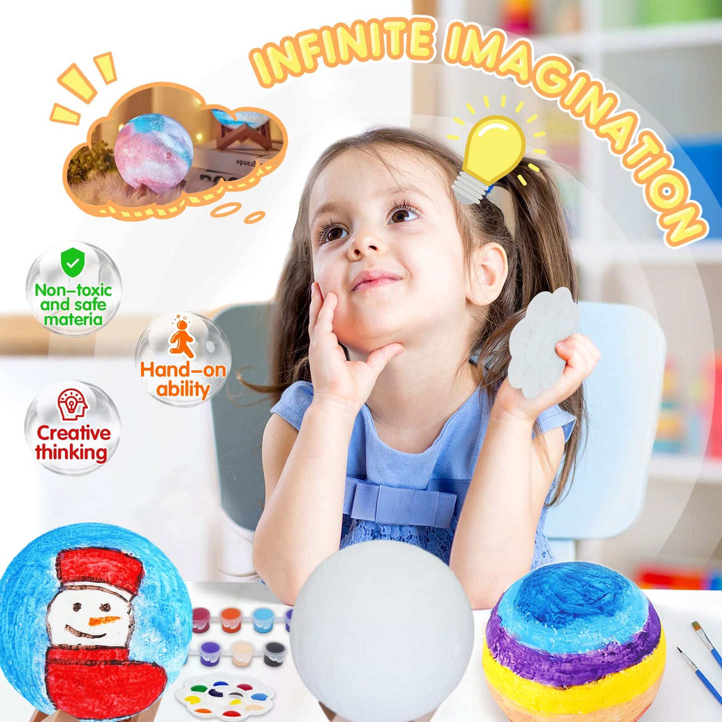 Hapmars Paint Your Own Moon Lamp Kit, Diy 3D Night Light, With Stand, Paints & Brushes, Arts Crafts For Children To Paint, Kids