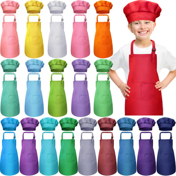 40 Pieces Kids Apron Chef Hat Set Boys Girls Aprons with Pockets Adjustable Chef Apron and Hats Bulk for Kitchen Cooking Baking