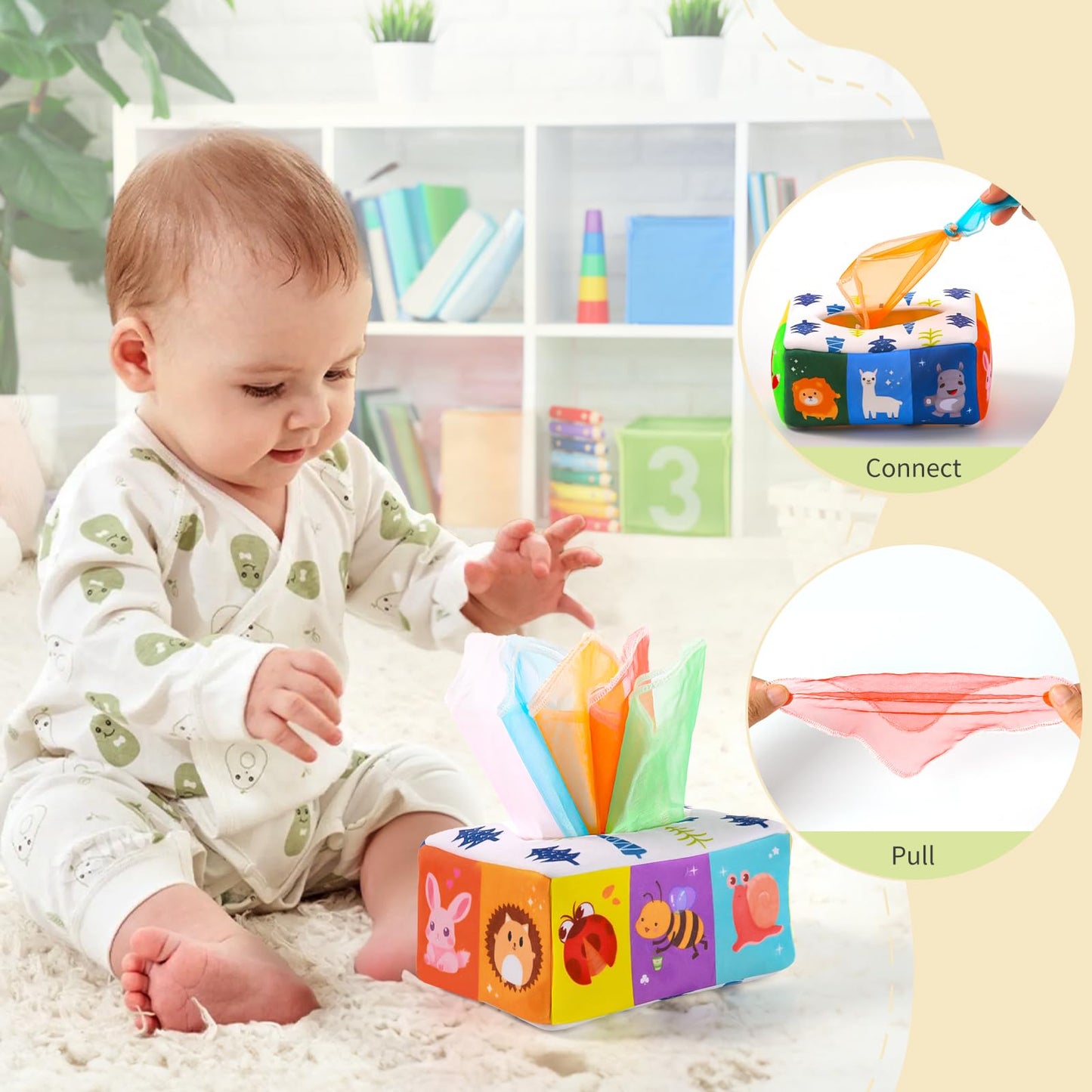 Toyssa Montessori Toys For Babies 0-6 Months, 6 In 1 Wooden Learning Educational Sensory Toys With Spinning Drum & Tissue Toys & Baby Rattle & Flash Card, Birthday Gifts For Babies Boys Girls