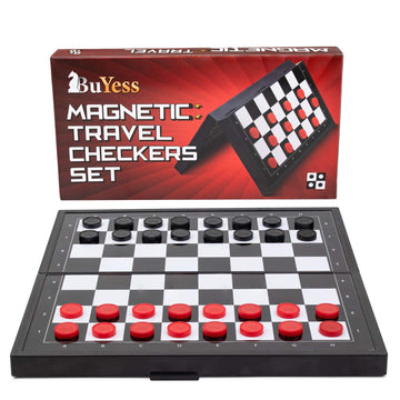 BUYESS Magnetic Checkers Board Game - Portable Mini Set, 9.8x9.8 inches, Black, Model BY-244, Includes Magnetic Checker Pieces