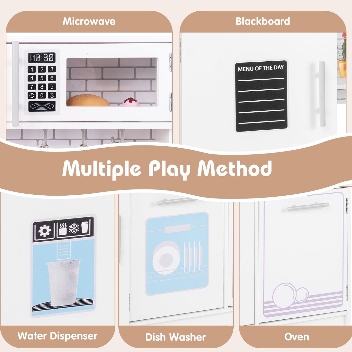 Costzon Play Kitchen for Kids, Wooden Toy Kitchen Set with Blackboard, Faucet, Sink, Oven, Microwave, Dishwasher, Accessories, P