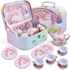 JOYIN Unicorn Tea Set for Toddlers Tea Party Set for Children Kids Pretend Role Play Tin Teapot Set with Cups, Plates and Carryi