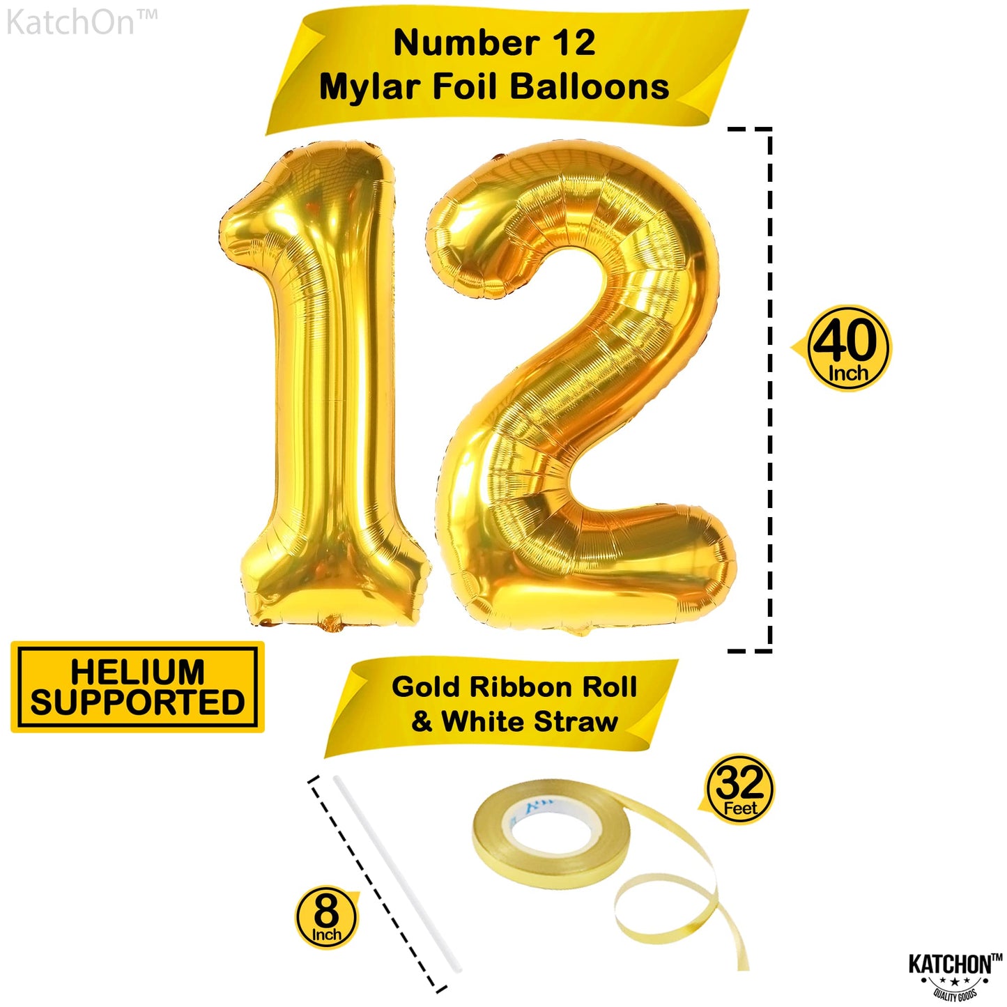 Katchon, Big Gold 12 Balloon Number - 40 Inch | 12 Number Balloons, 12Th Birthday Decorations Boy | Gold 12 Balloons For Golden Birthday Decorations For Girls 12 | Number 12 Balloons For Birthdays