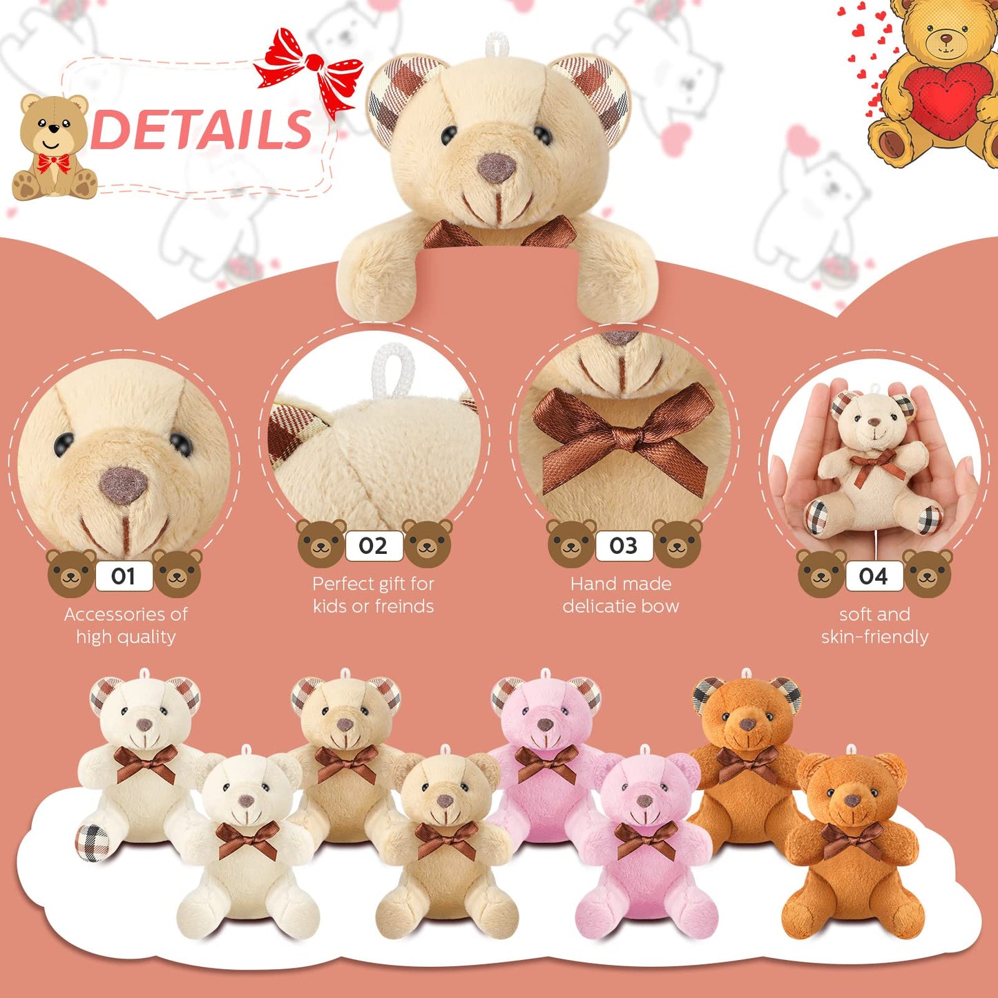 Skylety 16 Pcs Mini Plush Bear Bulk 4 Inch Bear Stuffed Animal Toy Doll Small Soft Keychain For Birthday Baby Shower Wedding Party Favor Decor(Light Brown, Dark Brown, Pink, Beige)