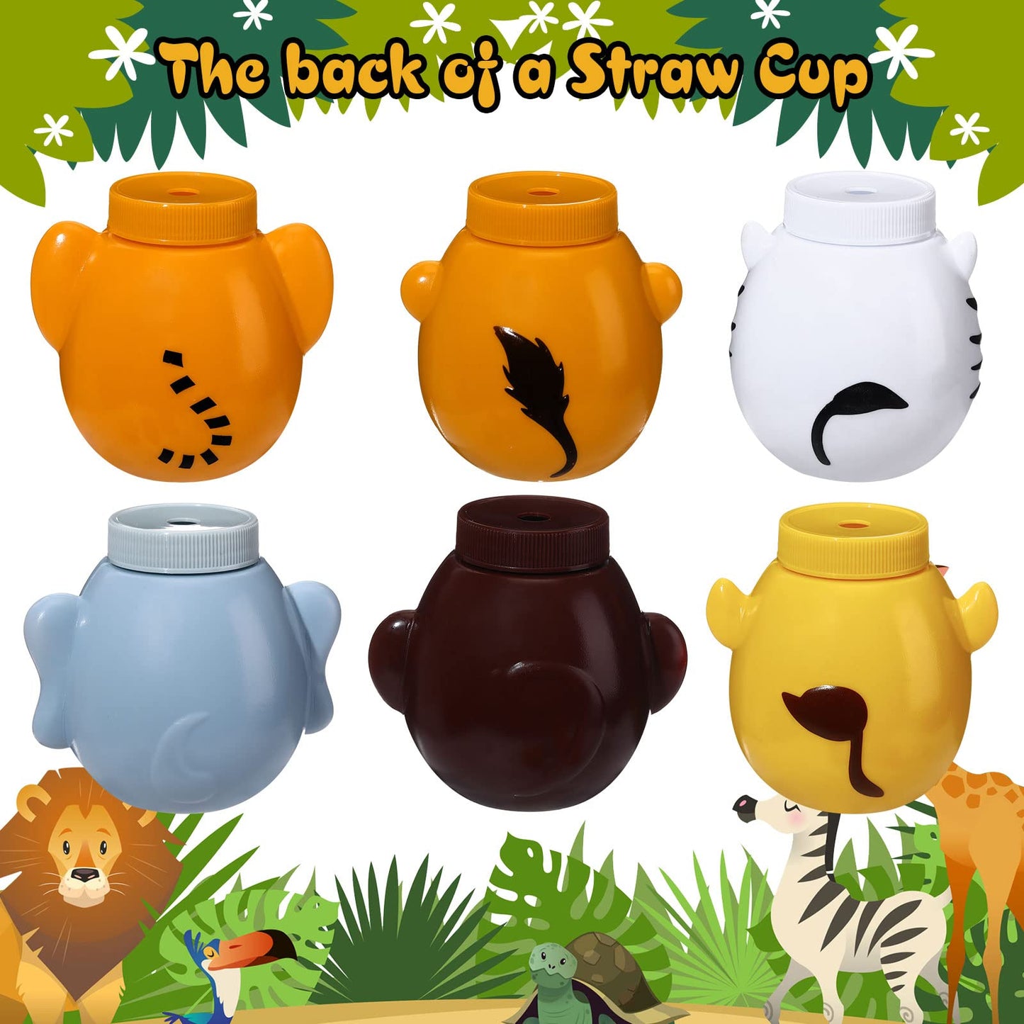 12 Set Zoo Animal Cups with Straws and Lids, 10 oz Plastic Reusable Safari Jungle Animal Theme Party Kids Cups for Elephant, Mon