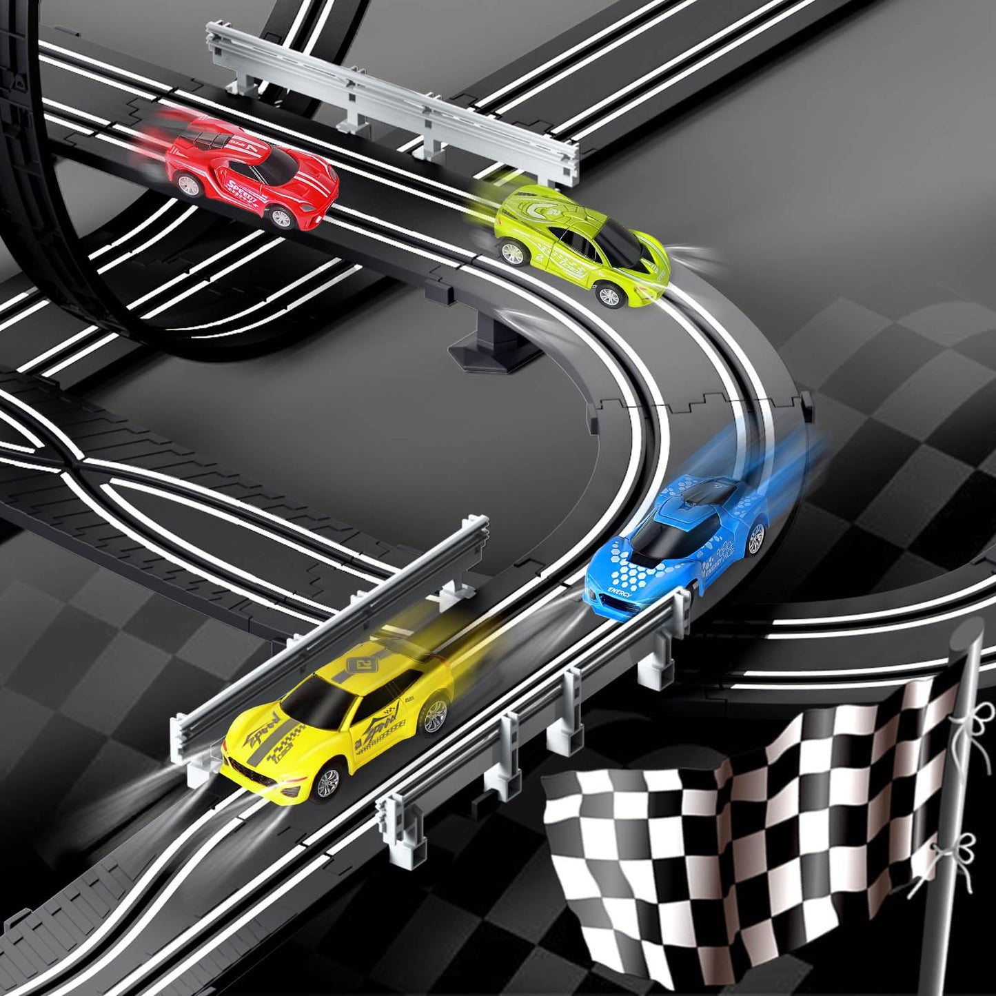 Slot Car Race Track Sets For Boys Kids,Battery Or Electric Race Car Track With 4 High-Speed Slot Cars And 2 Hand Controllers,Dual Racing Game Lap Counter Circular Overpass Track Toys Age 6 7 8-12