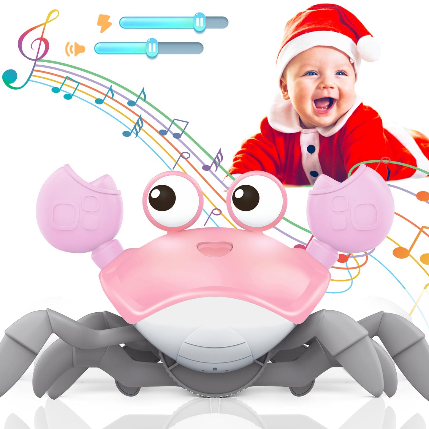 Crawling Crab Baby Toy, Tummy Time Girl Gifts For Babies 3-6 6-12 Month, Light-Up Walking Dancing Moving Crab With Music & Obsta