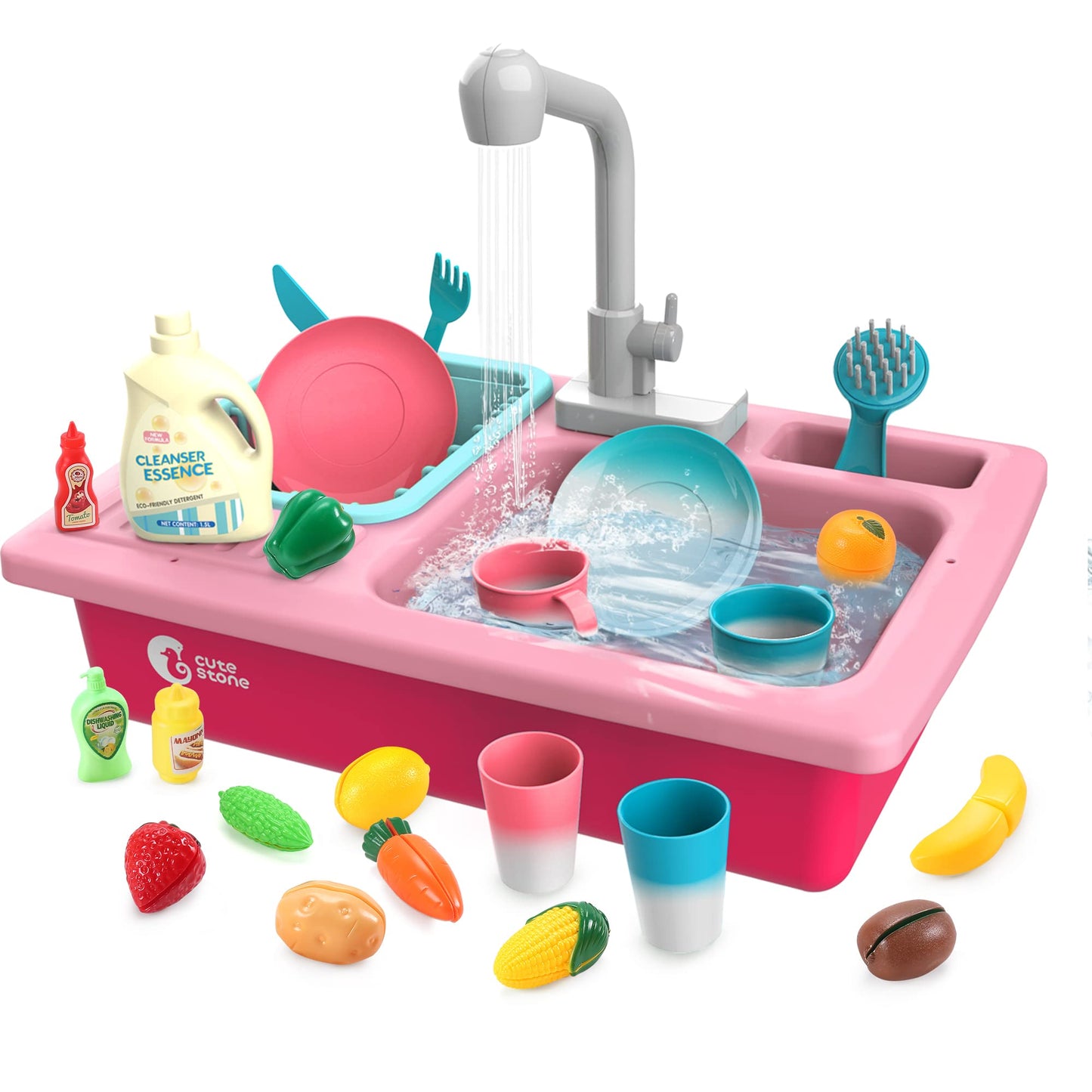 CUTE STONE Color Changing Play Kitchen Sink Toys, Children Electric Dishwasher Playing Toy with Running Water,Upgraded Real Fauc