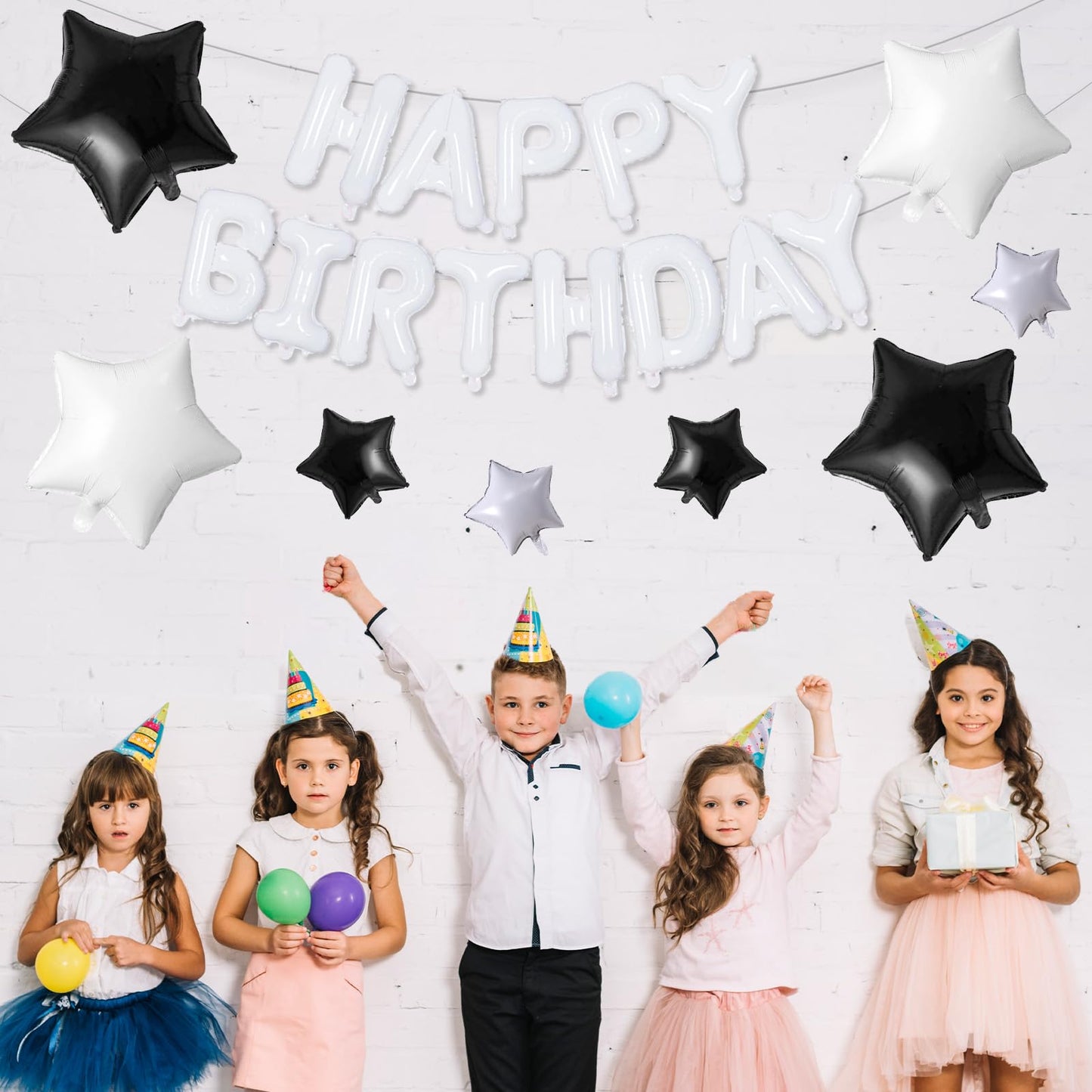 Happy Birthday Balloons Banner, White Happy Birthday Foil Balloons 16 Inch Mylar Foil Letter Balloons With 8 Pcs Black White Sta