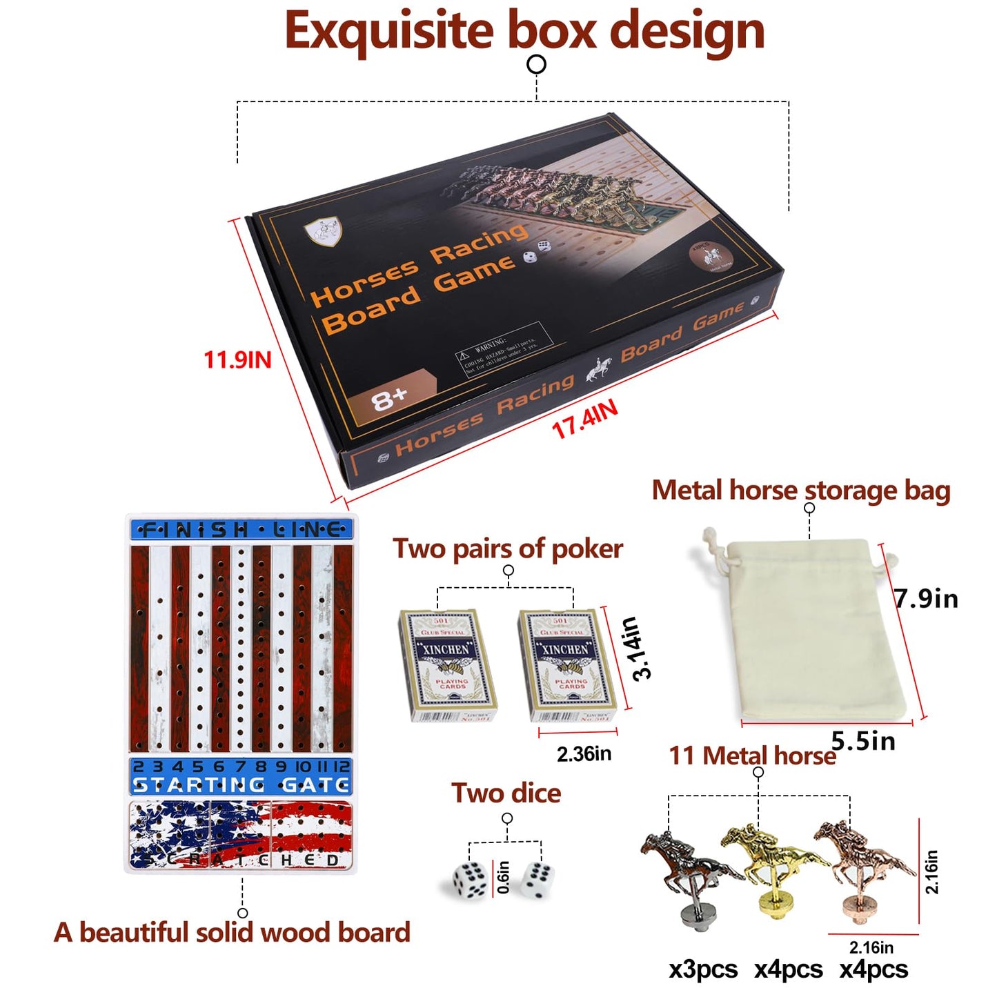 Grhonior Horse Racing Board Game With 11 Luxury Metal Horses Thickened Wood Game Board Including Dice And Cards Finish Line Star