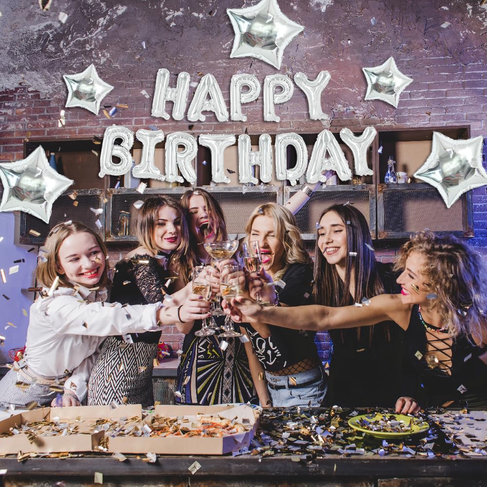 Toniful 35Pcs Silver Happy Birthday Decorations 16 Inch Happy Birthday Balloon Banner With Star Balloons Mylar Foil Birthday Par