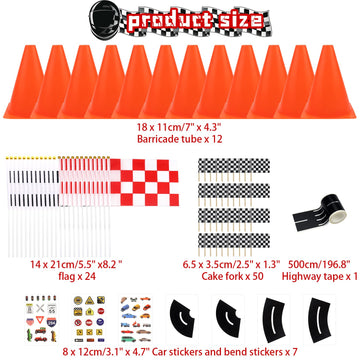 Race Car Party Supplies - 12 Traffic Cones With Holes on Top, 24 Checkered Flags, Checkered Race Car Party Tablecloth, Wheel Tir