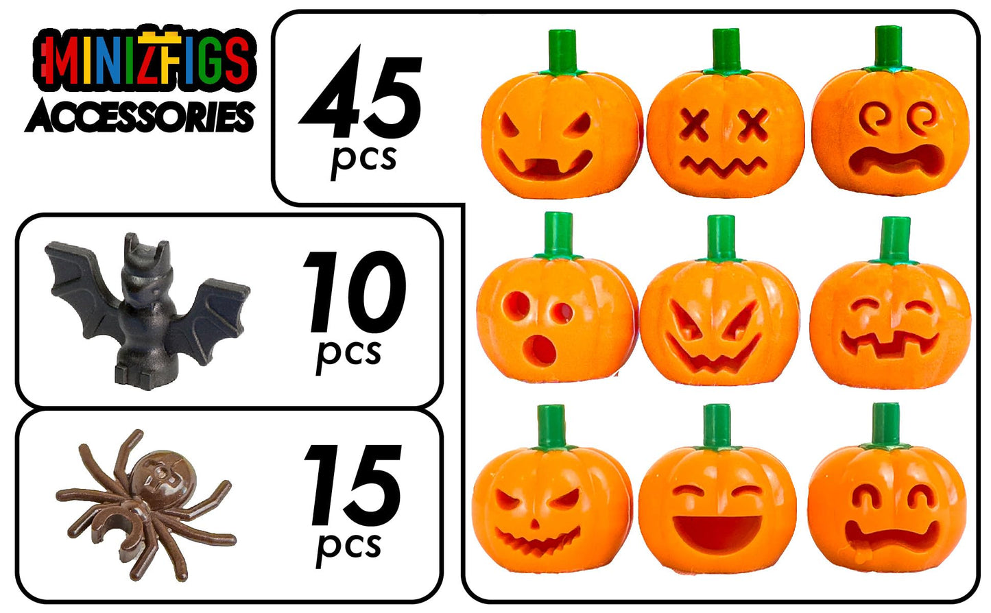Minizfigs Halloween Spooky Pumpkin Set - 70 Piece Bulk Orange Jack-O-Lantern Pumpkins, Bats, Spiders Classic Building Toy Access