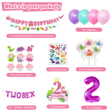 Mpanwen Girl Dinosaur 2Nd Birthday Party Decorations, Two Rex Pink Dinosaur Dino Party Supplies For Girls Baby - Banner, Cake, A