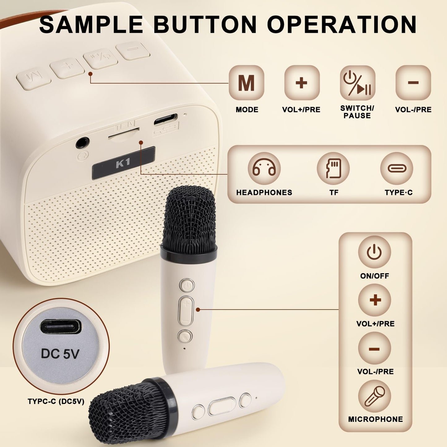 Mini Karaoke Machine - Bluetooth Portable Speaker With 2 Wireless Microphones & Led Lights, Birthday Gift For Girls & Boys Ages