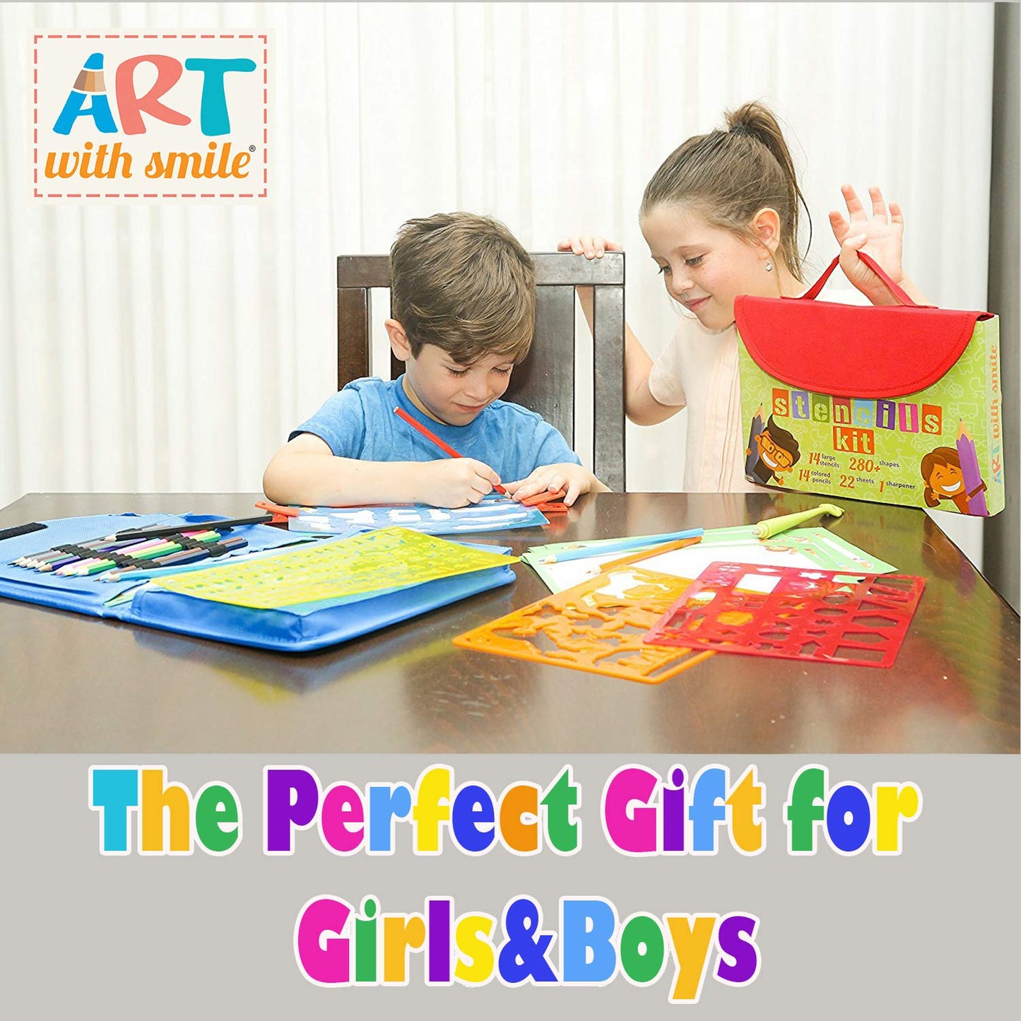 Drawing Stencils Set For Kids (55 Piece) - Arts And Crafts Set For Girls & Boys - Christmas & Birthday Gifts For Kids 4 5 6 7 8 9+ Year Old - Ideal Creativity Kit & Travel Activity With 300+ Shapes