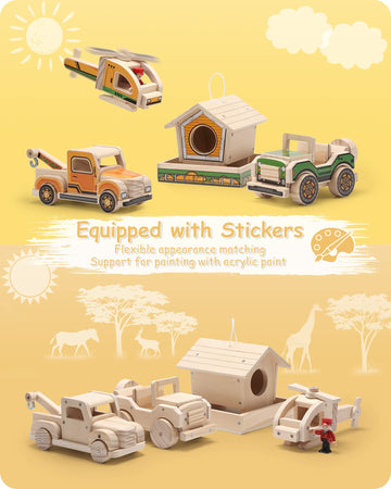 SainSmart Jr. Woodworking Kit - 4-in-1 STEM Projects Set, DIY Wood Crafts for Kids, Multicolor, Model 20-352