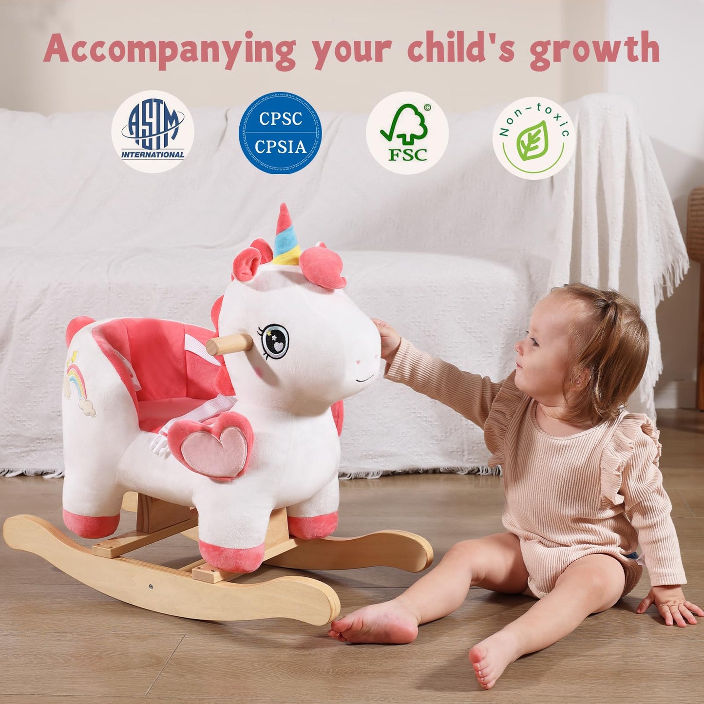 Labebe Baby Rocking Horse With Seat Belt,Ride Unicorn Bouncer For Kid 6 Month -3 Years,Stuffed Animal Rocker,Riding Toy For Baby Girls, Nursery Birthday Gift