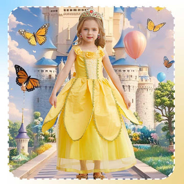 iTVTi Princess Belle Dress up Costume for Girls Yellow Dresses Halloween Cosplay Birthday Outfit with Accessories, Yellow, 4-5 Y