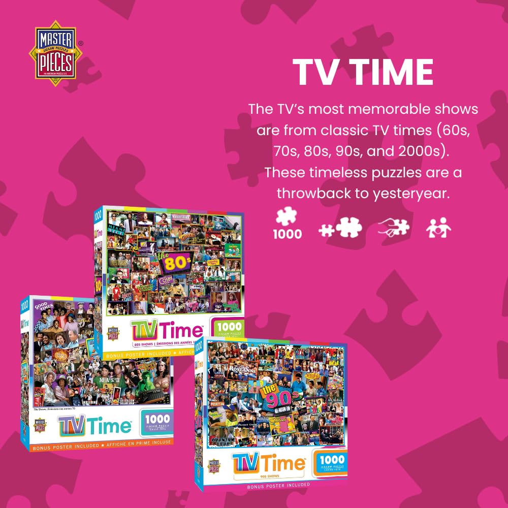 MasterPieces - 1000 Piece Jigsaw Puzzle, Nostalgic 60s TV Shows Collage, Retro Entertainment Fun for Adults, Family, Kids, Non-G