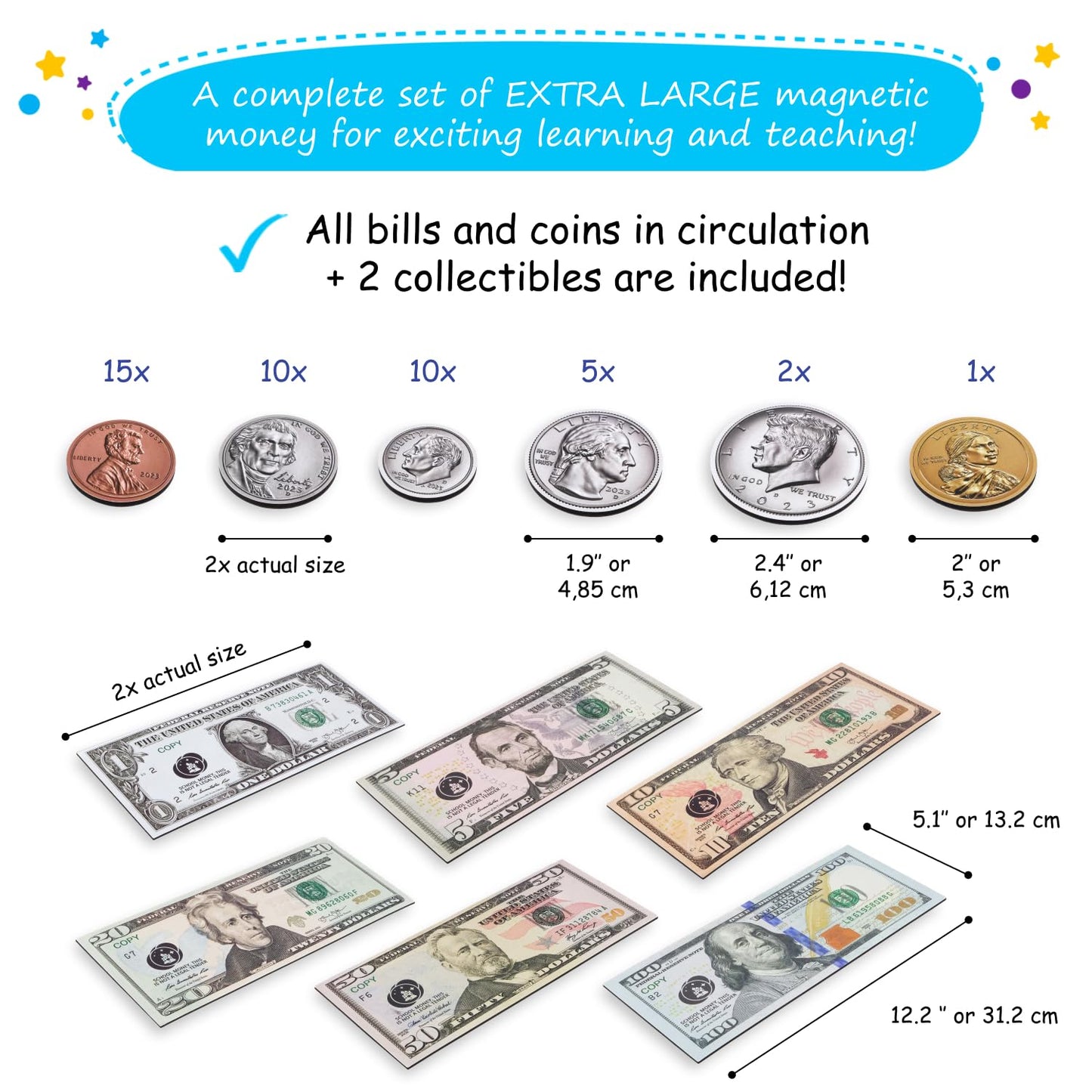 Simply magic 57 PCS Jumbo Magnetic Money - Large Play Money for Kids for Learning, Pretend Money for Classroom Teaching, Toy Mon