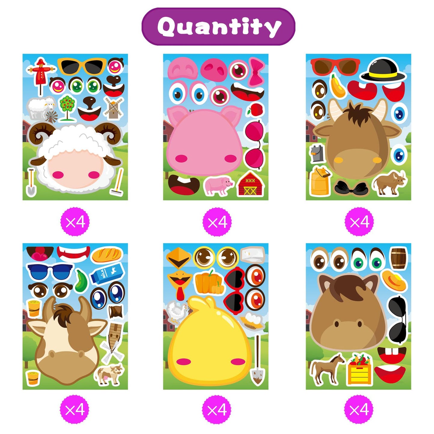 24 Pcs Make-A-Face Sticker Sheets Make Your Own Farm Animal Mix And Match Sticker Sheets With Sheep, Pigs, Cow And Chickens Kids