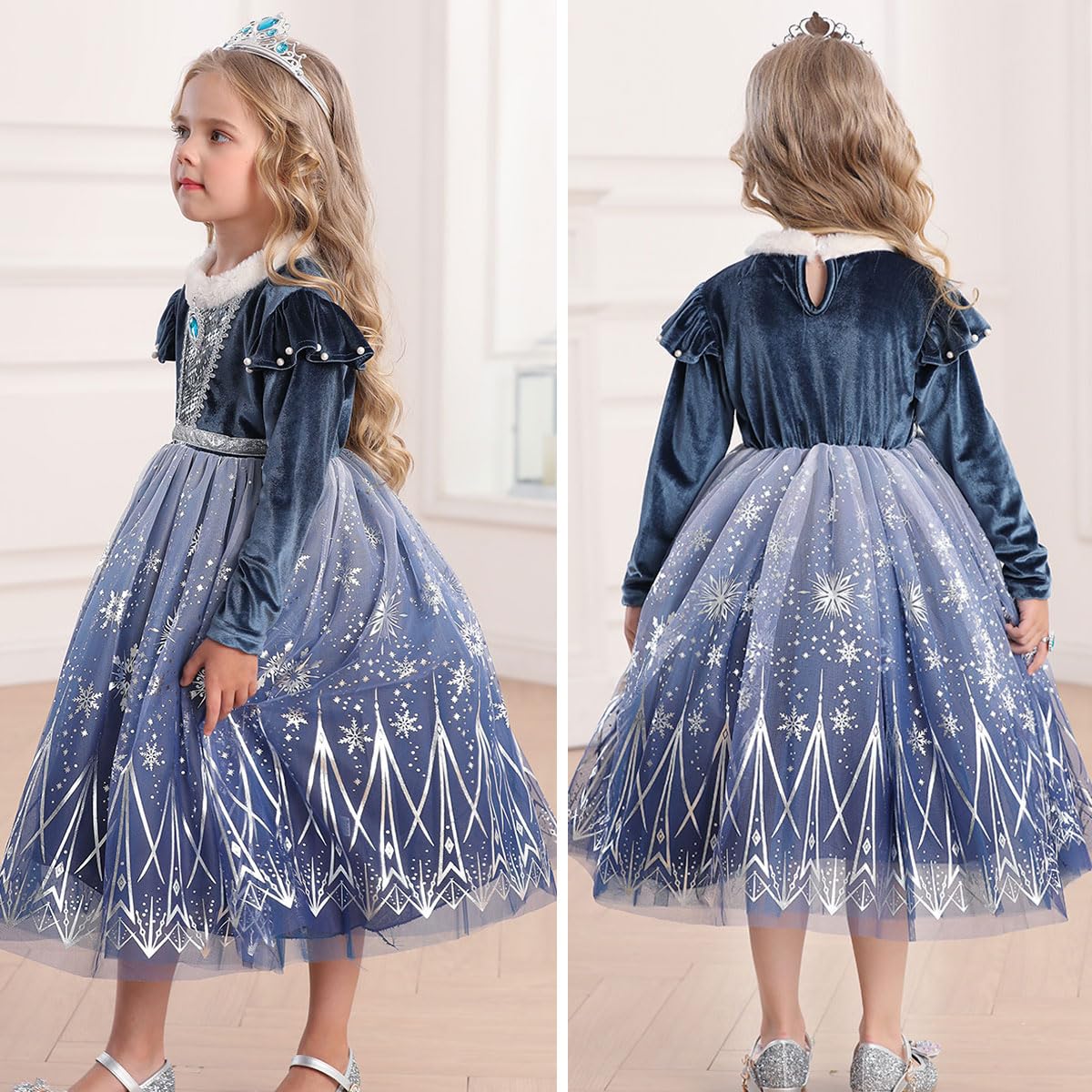 Itvti Girls Princess Elsa Dress Up Costume Snow Queen Halloween Christmas Cosplay Party Toddler Dress Blue, 5-6 Years(Label 130)