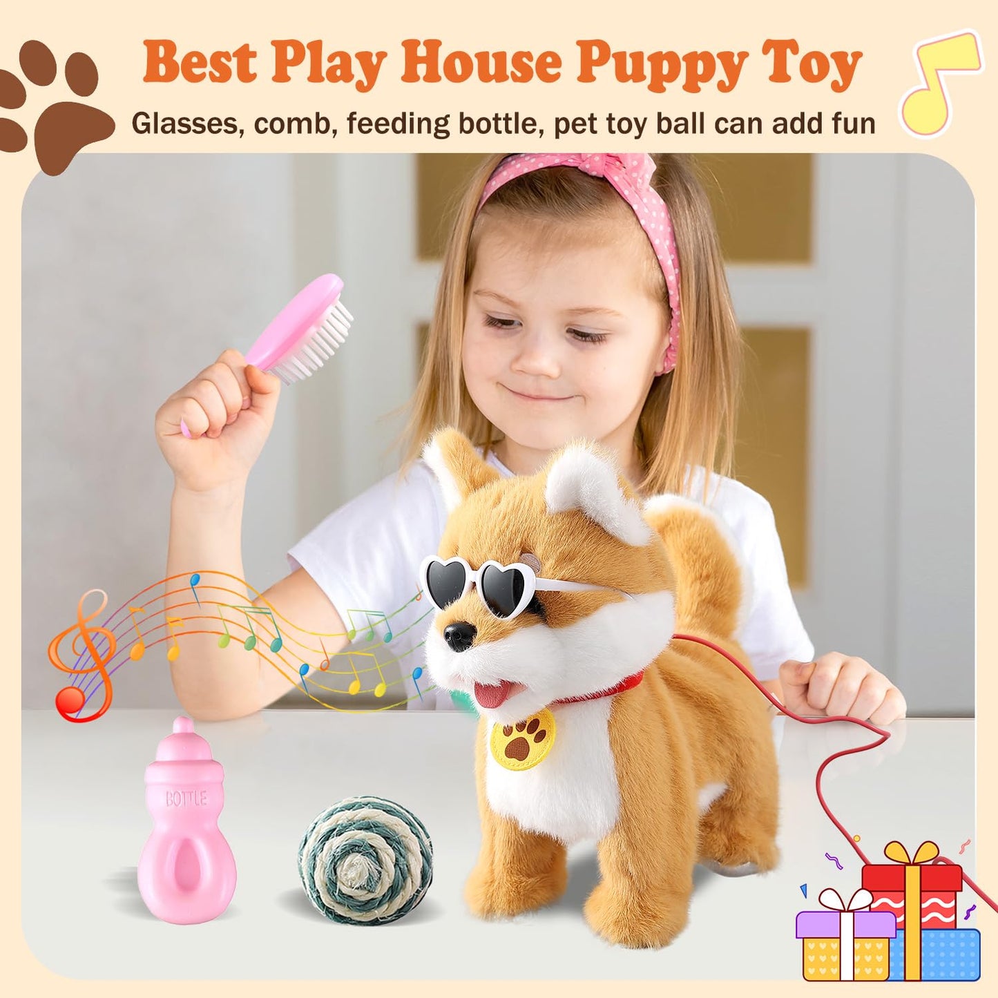 Hcdoujoy Walking Barking Singing Corgi Puppy Toy, Repeats What You Say, Realistic Licking Tongue Wagging Tail Mechanical Dog Wit