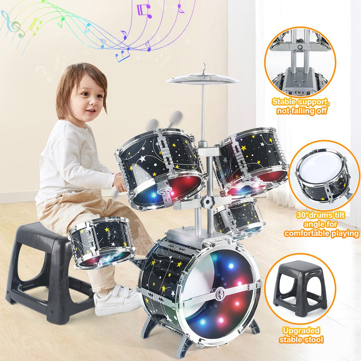 Kids Drum Set For Toddlers 1-3, Upgraded Kids Jazz Drum Musical Instrument Toys & Lights & All Plastic, Drum Set For Kids Beginn