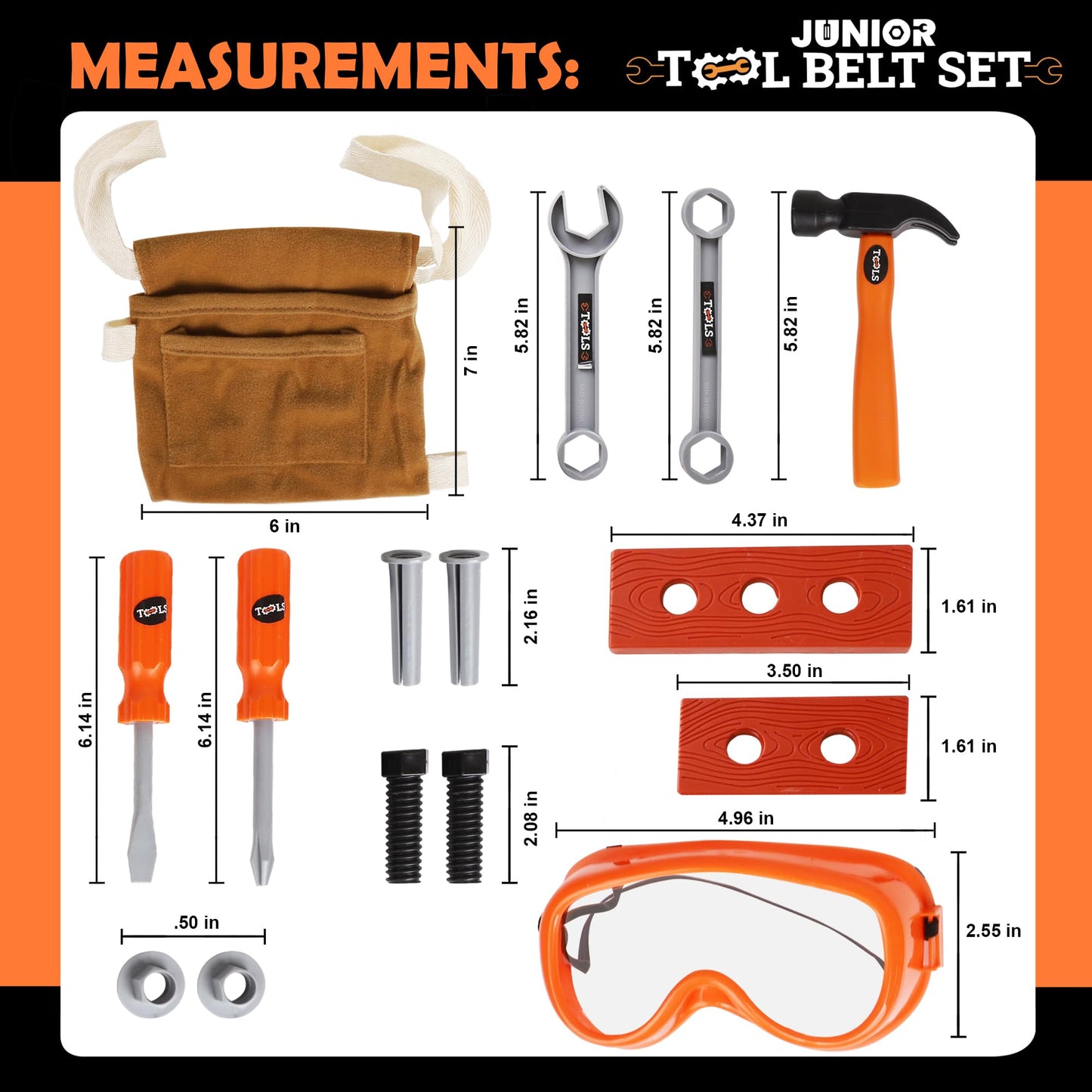 Playkidiz Kids Tool Belt Set - Adjustable Toddler Tool Belt to Pretend Construction, 15pc Durable Kids Toy Tool Set for Learning