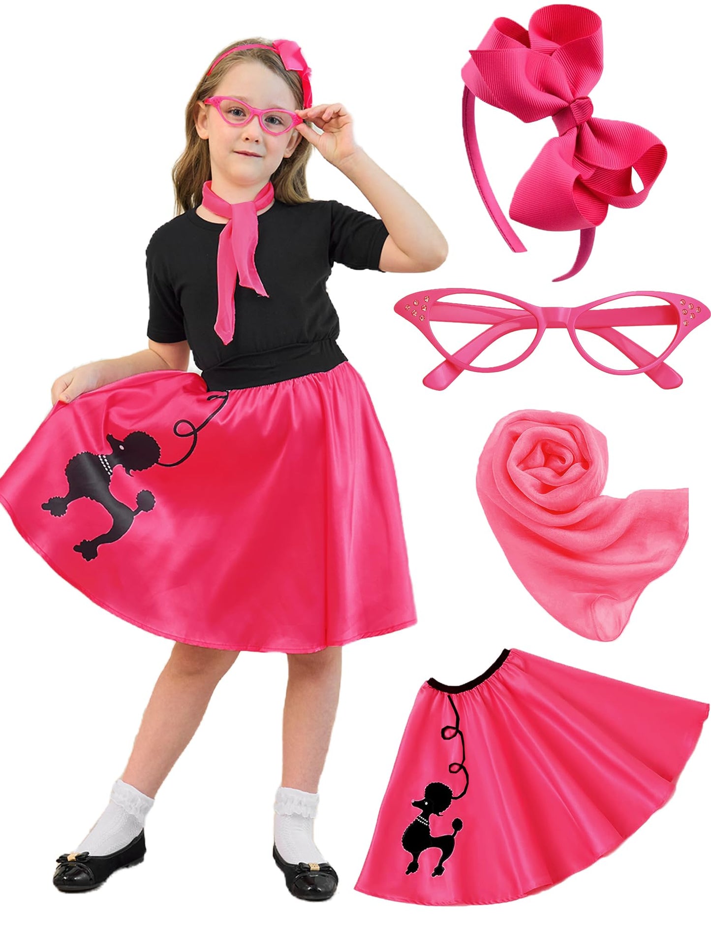 Aprroot 50S Outfit For Girls Decades Day Outfits Kids Girls Poodle Skirts 50S Costume With Headbands, Glasses, Scarves 4-6Y Hot