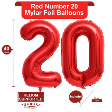 40 Inch Red 20 Number Balloons Giant 20 Balloons Red Birthday 20 Balloons 20Th Birthday Anniversary Party Decorations Supplies