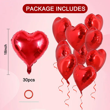 TONIFUL 30Pcs 18 Inch Red Heart Balloons Valentines Day Heart Shape Foil Mylar Balloons Decoration for Romantic Valentines Day