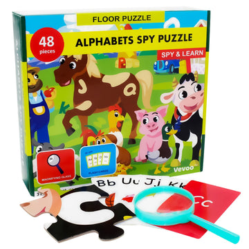 I Spy Alphabet Puzzle With Flashcards And Magnifying Glass 2Ft X 3Ft -Large 48 Piece Farm Animals Jigsaw Floor Puzzles For Kids