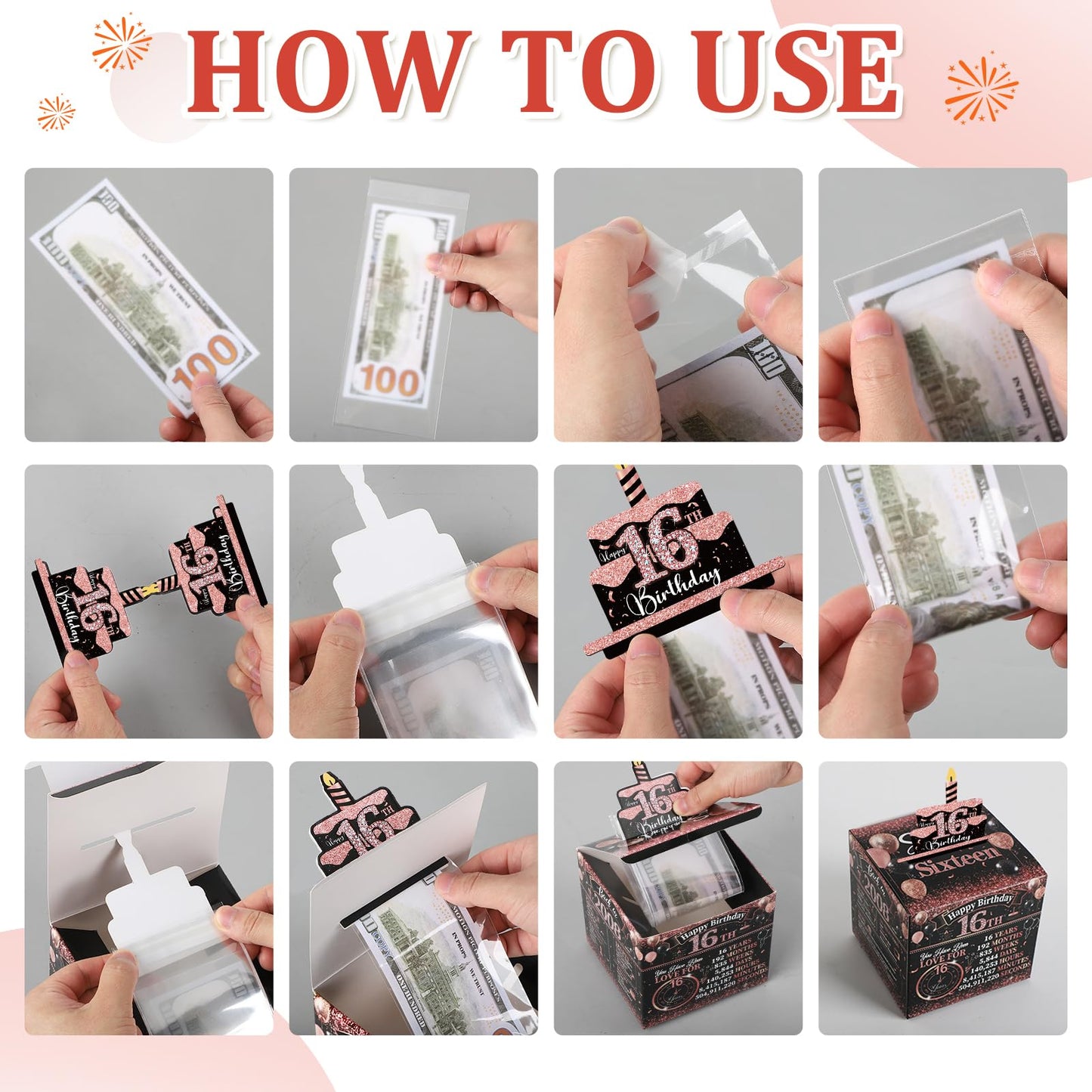 Sereliy Sweet 16th Birthday Decorations for Girls Money Gift Box for Cash Gift Pull, Black Pink Money Gift Boxes Sweet Sixteen P