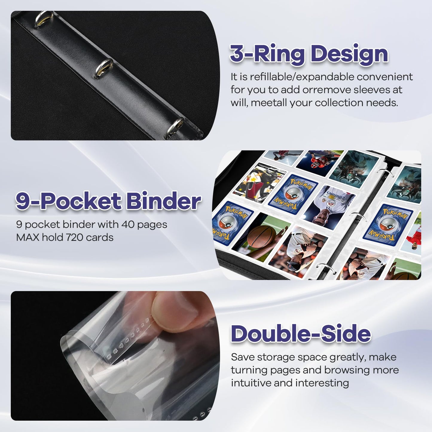 Trading Card Binder with Sleeves 9 Pocket Trading Card Binder enhanced 720 Double Sided Pocket PU Card Collection Binder Collectible Card Albums Card Folder for MTG TCG Sports Cards Game Cards