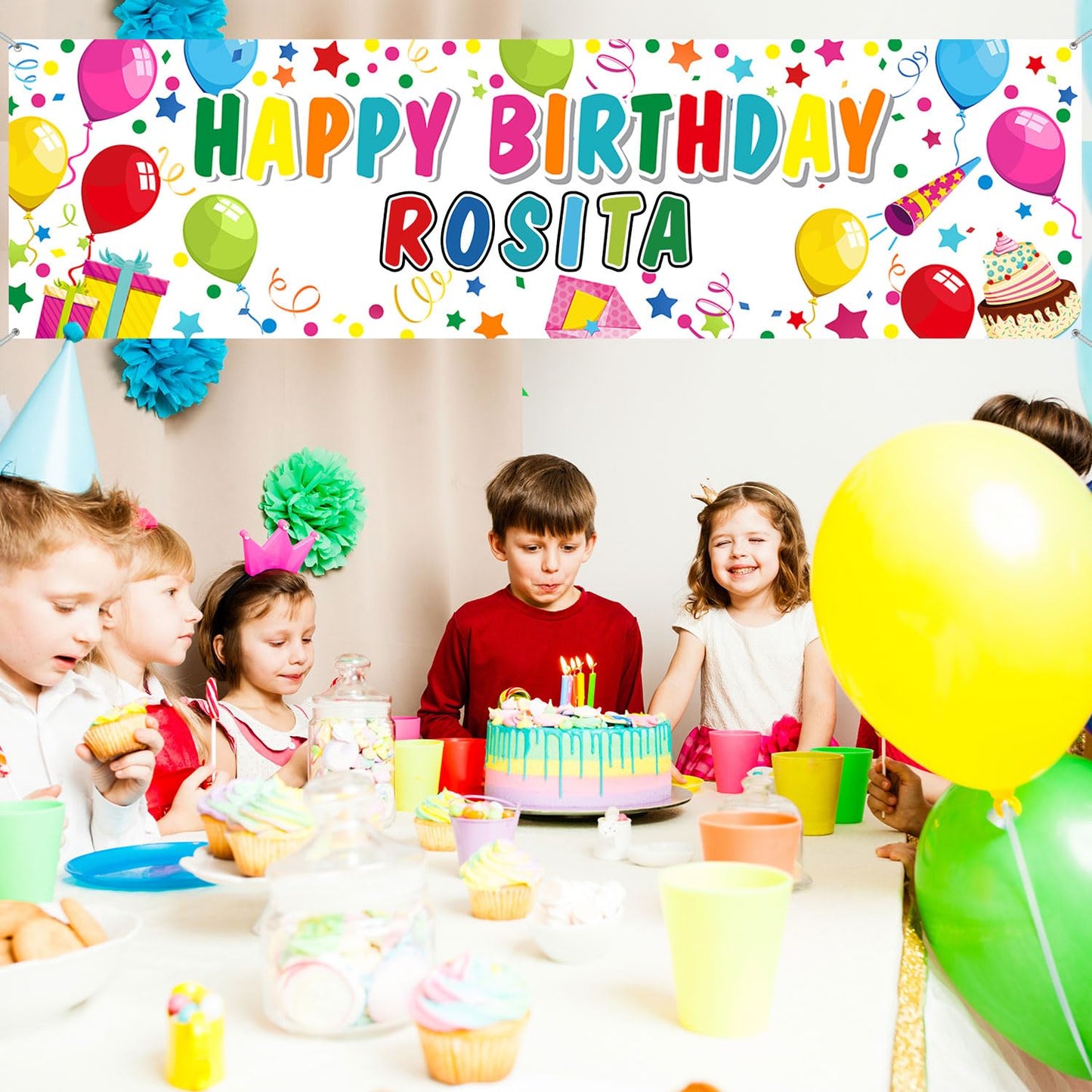 Tatuo Personalized Birthday Banner with Name DIY Colorful Happy Birthday Banner Backdrop with Alphabet Stickers Custom Name Back
