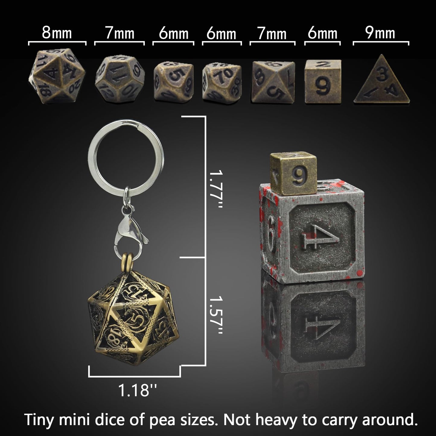 PJOY Mini Dice Set Tiny DND Dice with Bronze Hollow D20 Necklace Case D&D Portable 7PCS Keychain Antique Bronze Metal Dice Set f