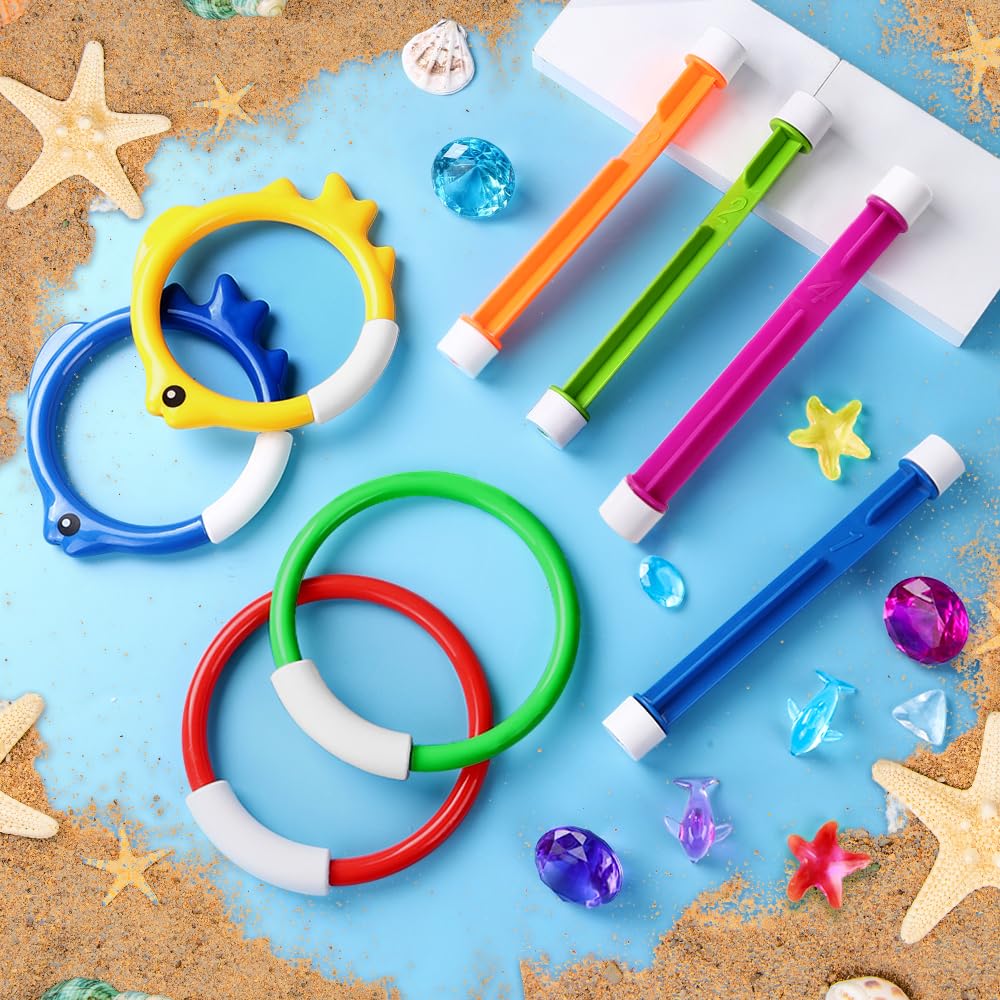 Yujun 18Pcs Pool Diving Swimming Toys, Summer Underwater Game Toys With Pool Fishes Dive Sticks Rings Gems Storage Bag For Kids Swim Birthday Party Favors