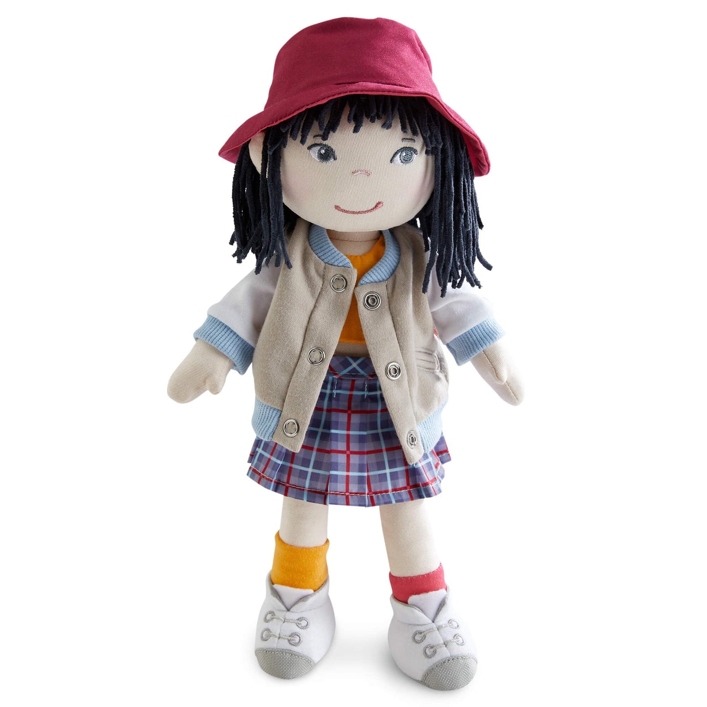 Haba 12'' Soft Doll Yuki With Black Hair, Embroidered Face, Stylish Bucket Hat And Clothes - Washable Toddler Baby Doll For 18 M