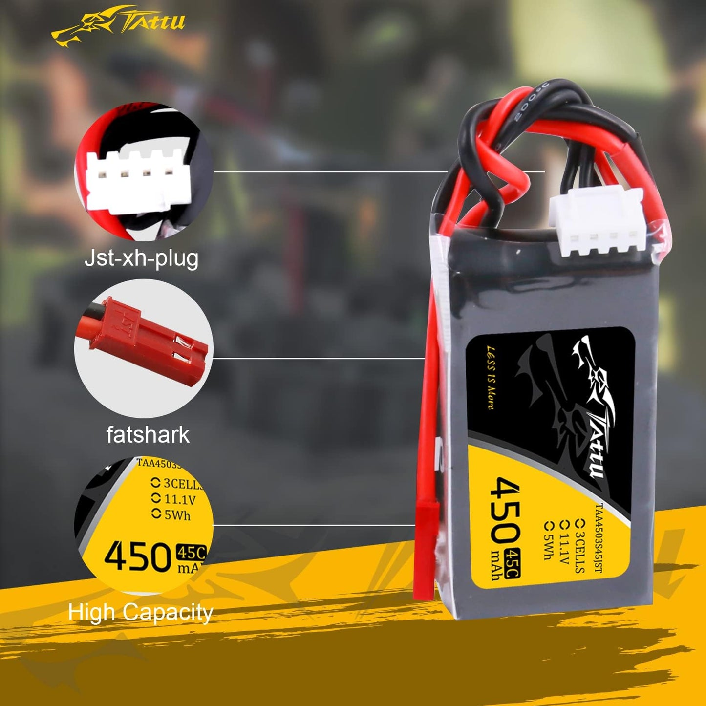 TATTU 11.1V 450mAh 3S LiPo Battery Pack 45C with JST Plug(2 Pcs)