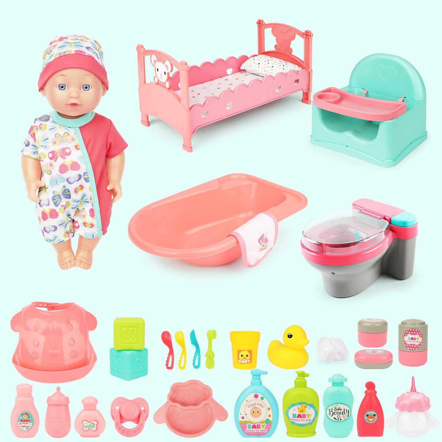 Deao Baby Doll Play Set, 25 Pcs Baby Dolls Accessories With Chair Booster Seat High Crib Toy Toilet And Bathtub Pretend Play Toys Gift For Ages 3 4 5 6 7 8 9 Girls Kids