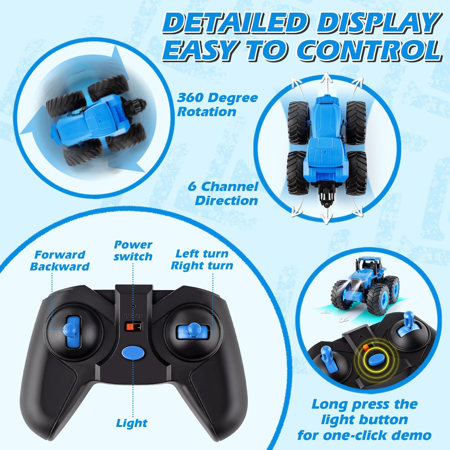 Remote Control Monster Tractor Toy For 3, 4, 5, 6, 7 Years Old, Blue Light Up Monster Trucks Toy With Led Lights Toddlers Rc Far