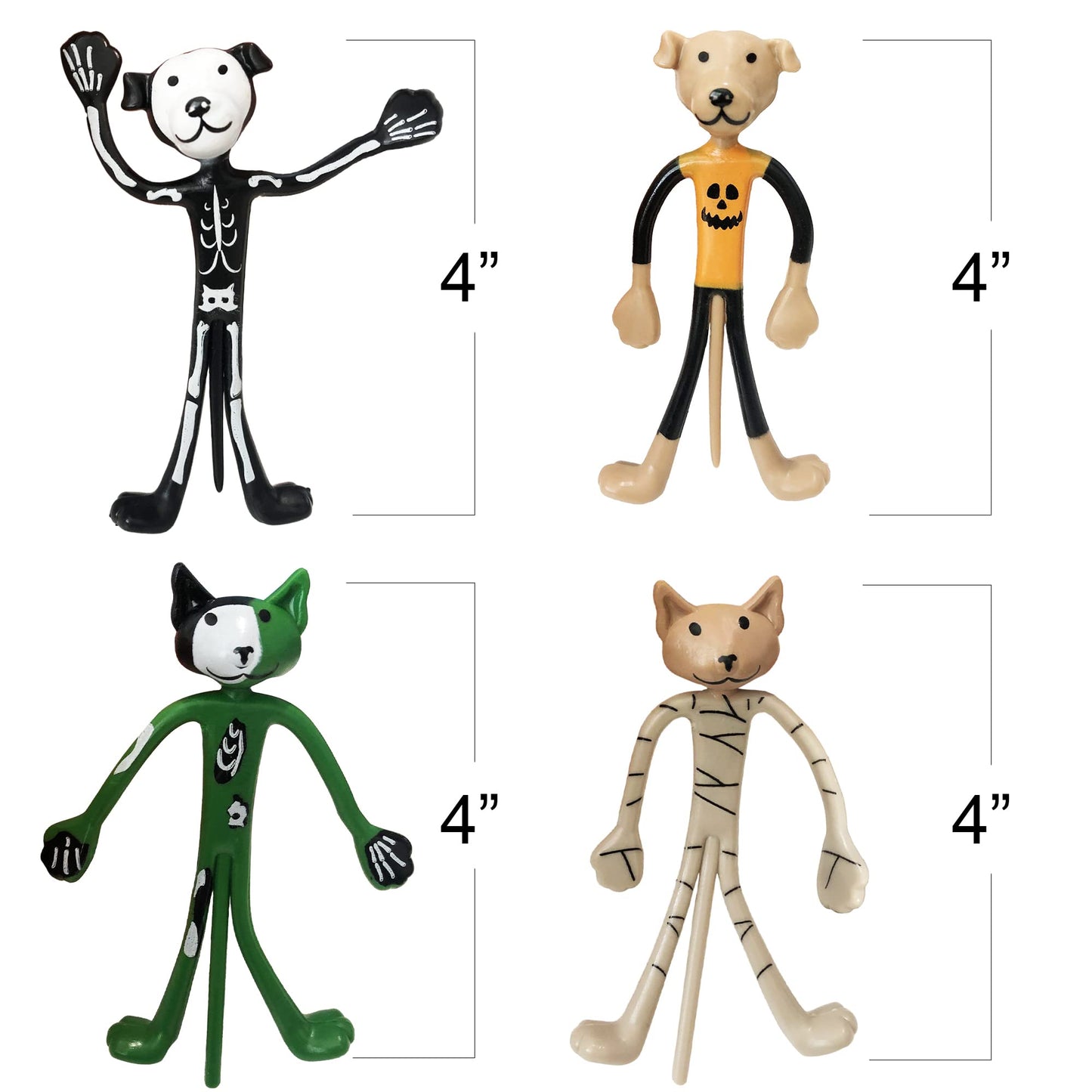 Artcreativity Halloween Bendable Figures, Set Of 12, 3D Halloween Themed Dogs And Cats In 4 Different Designs, Stress Relief Toys For Boys And Girls, And Non-Candy Trick Or Treat Supplies