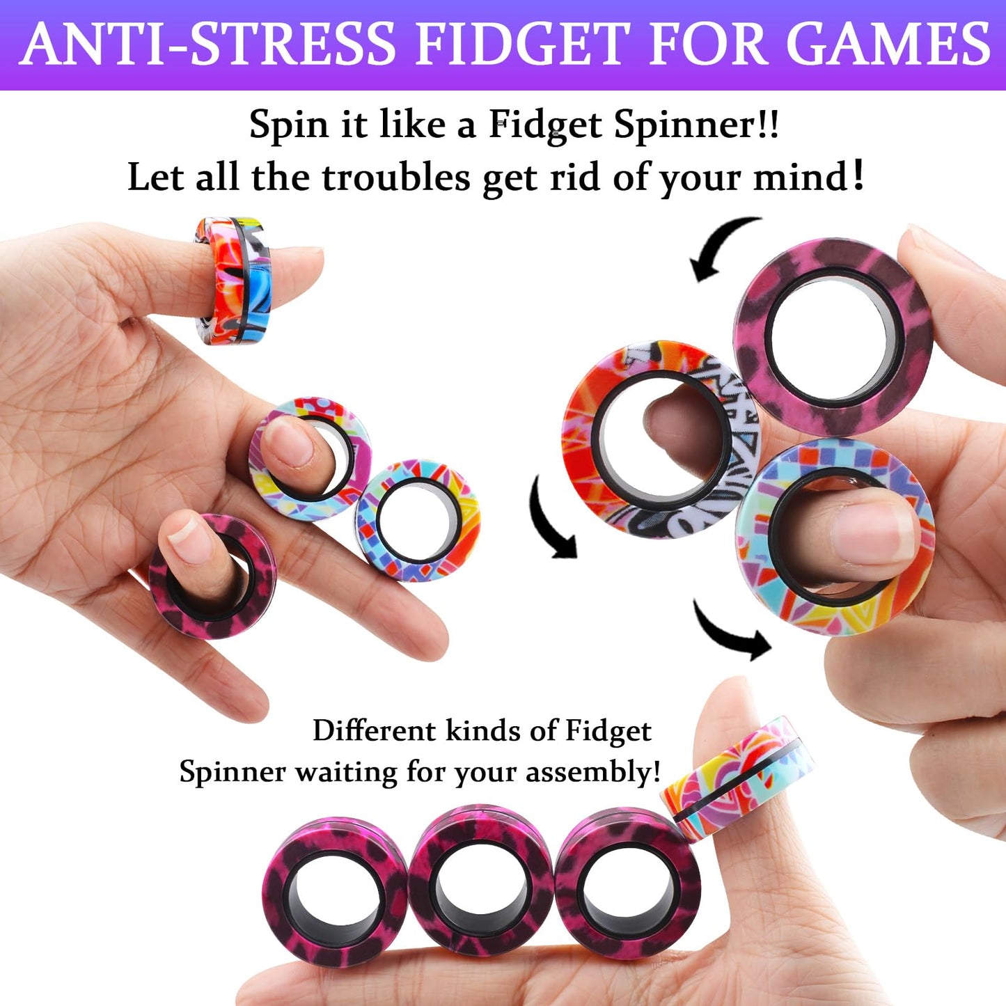 Cevioce 9Pcs Magnetic Rings Fidget Toy Set, Adhd Anxiety Magnetic Fidget Toys Adults Fidget Spinner Rings For Relief, Gifts For 8+ Year Old Teen Boy Girl C