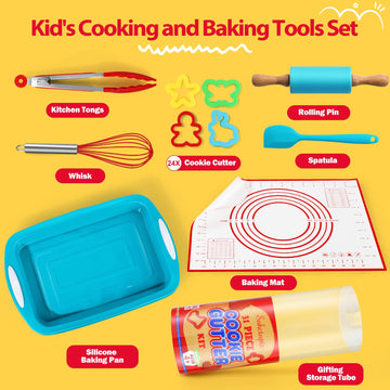 Kids Cooking & Baking Sets Real, Toddler Kitchen Toys, 24 Assorted Cookie Cutters - with Rolling Pin, Silicone Baking Pan, and N