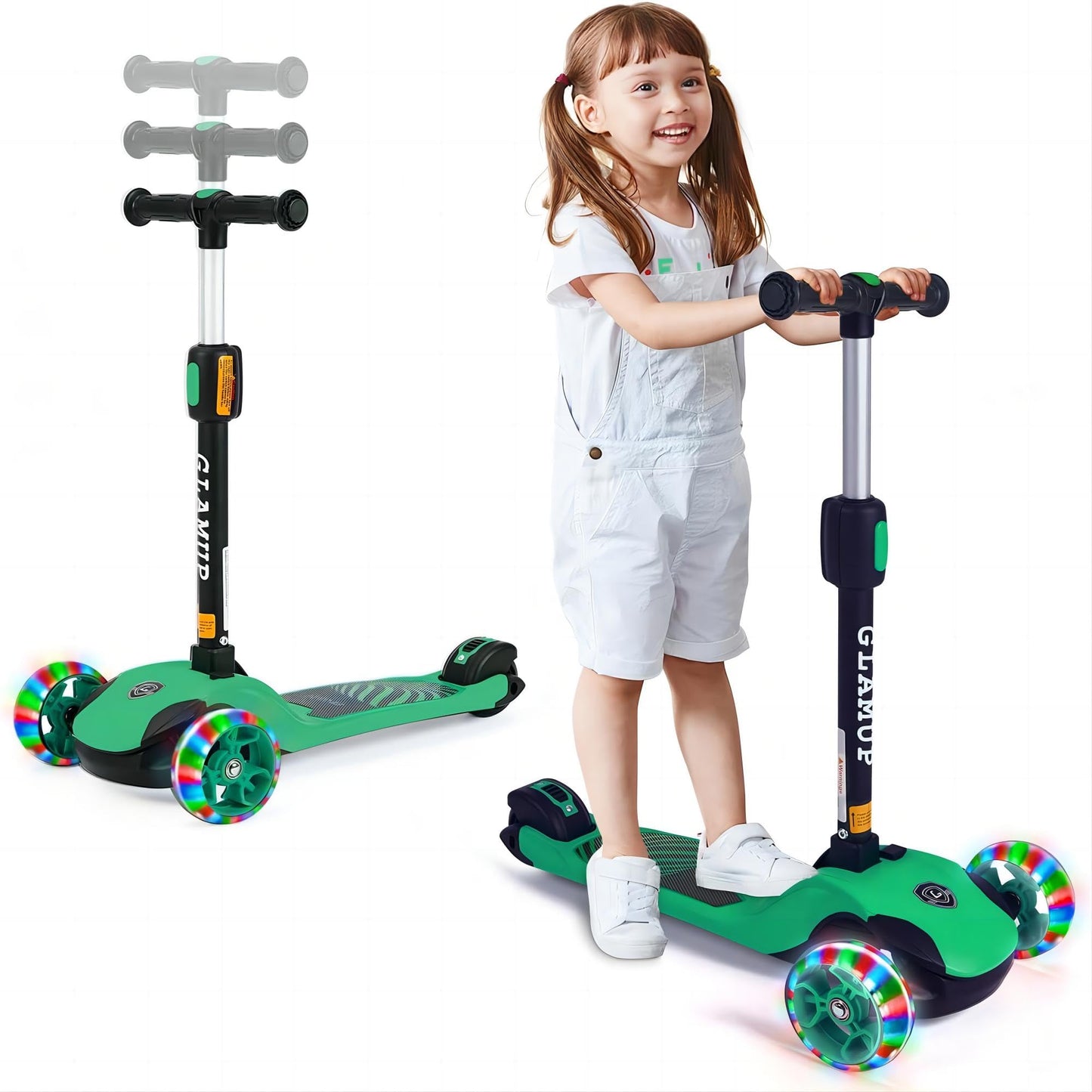 Glamup Kick Scooter For Kids Ages 3-14, 3 Wheel For With Led Lights, Foldable Kids Scooter With Adjustable Height, Extra Wide De