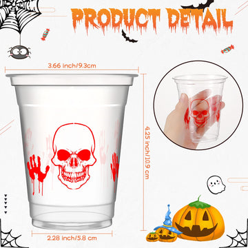 CHENGU 12 Oz Halloween Plastic Party Cups Halloween Clear Disposable Cups Skinny Skull Bloody Hand Halloween Cups for Drinks Jui