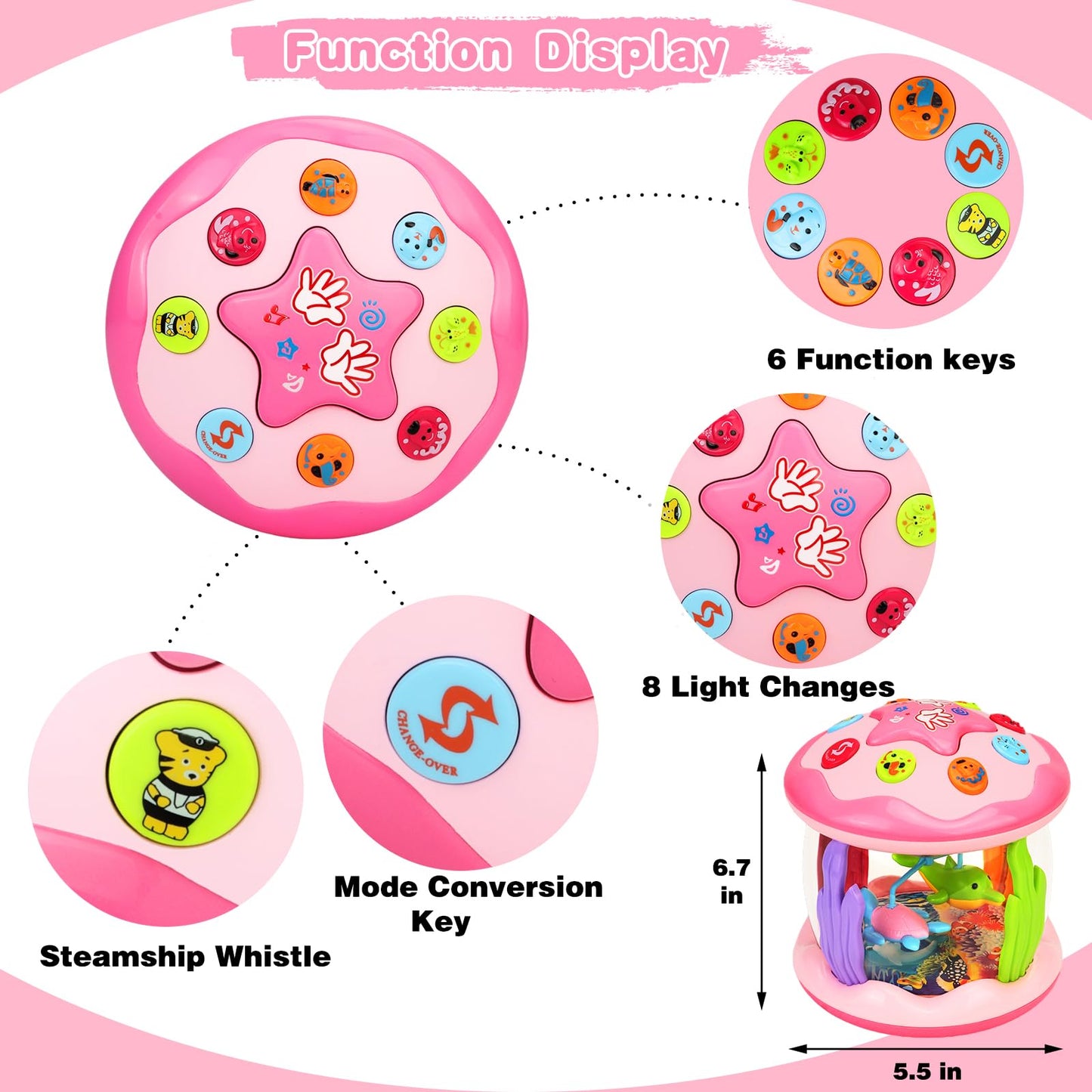 Hapyland Baby Toys 6-12 Months Girl Gifts: Babies Ocean Rotating Light Up Musical Toys For Toddlers 1 2 Year Old Crawling Learning Infant Toys 6 7 8 9 10 11 12 Months Old Baby Girl Gift (Pink)