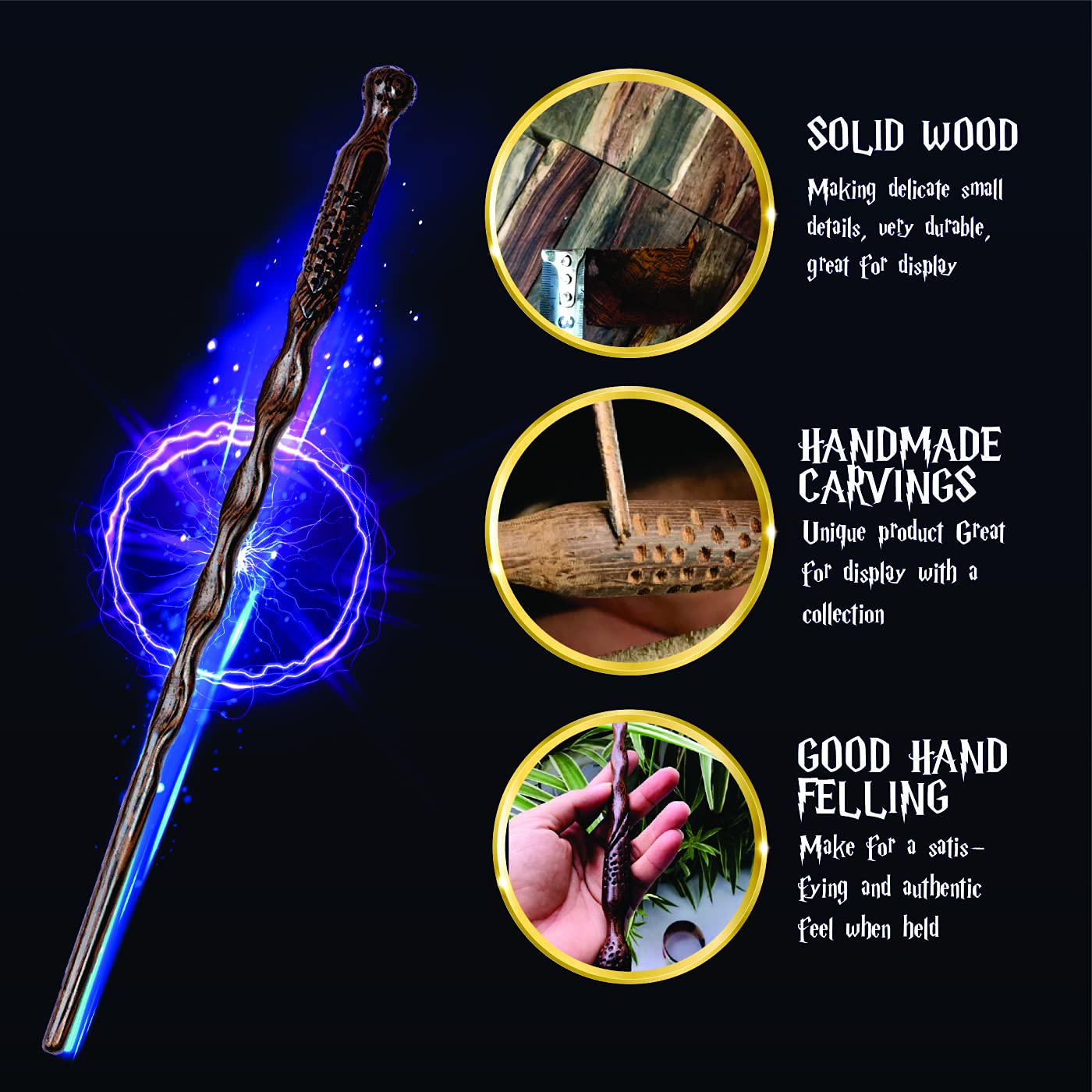 Handicraftviet - Hand Carved Wooden Magic Wand, Magic Wands For Wizards/Collectible Cosplay, Magical Gift For Halloween, Christmas And Birthday Party 15 Inch (S6)